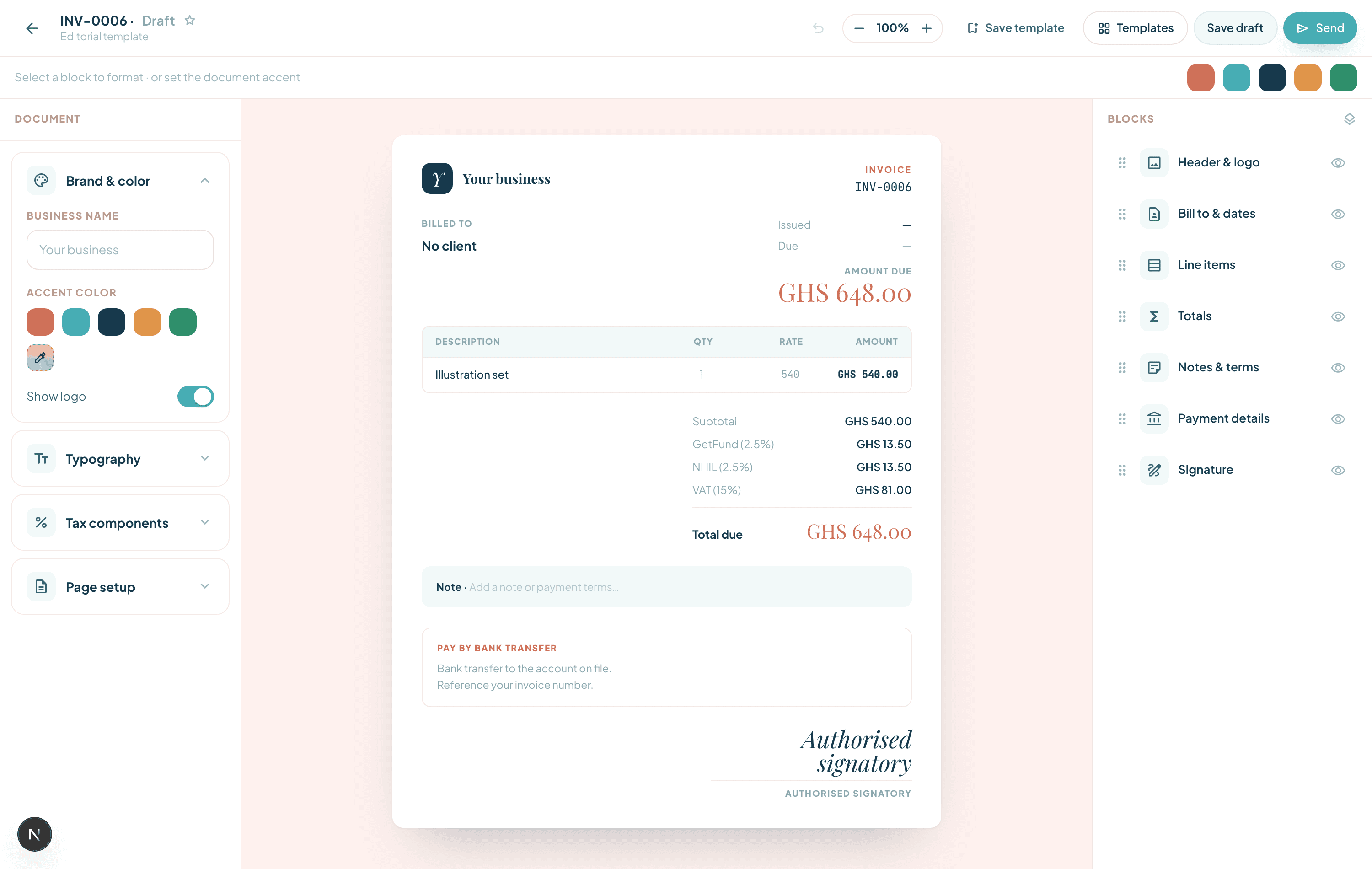 The invoice designer canvas with brand, blocks and totals