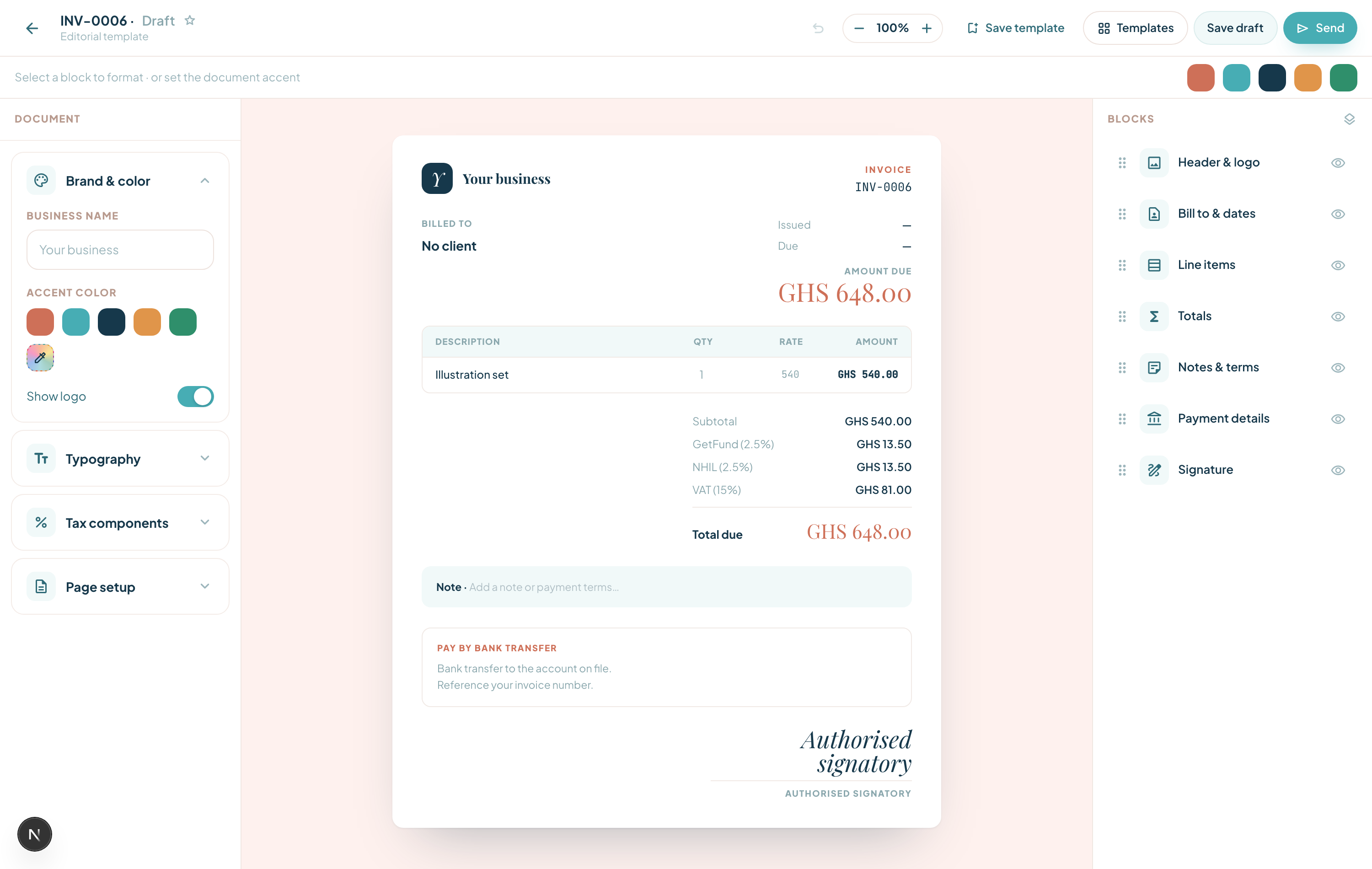 The invoice designer canvas with brand, blocks and totals