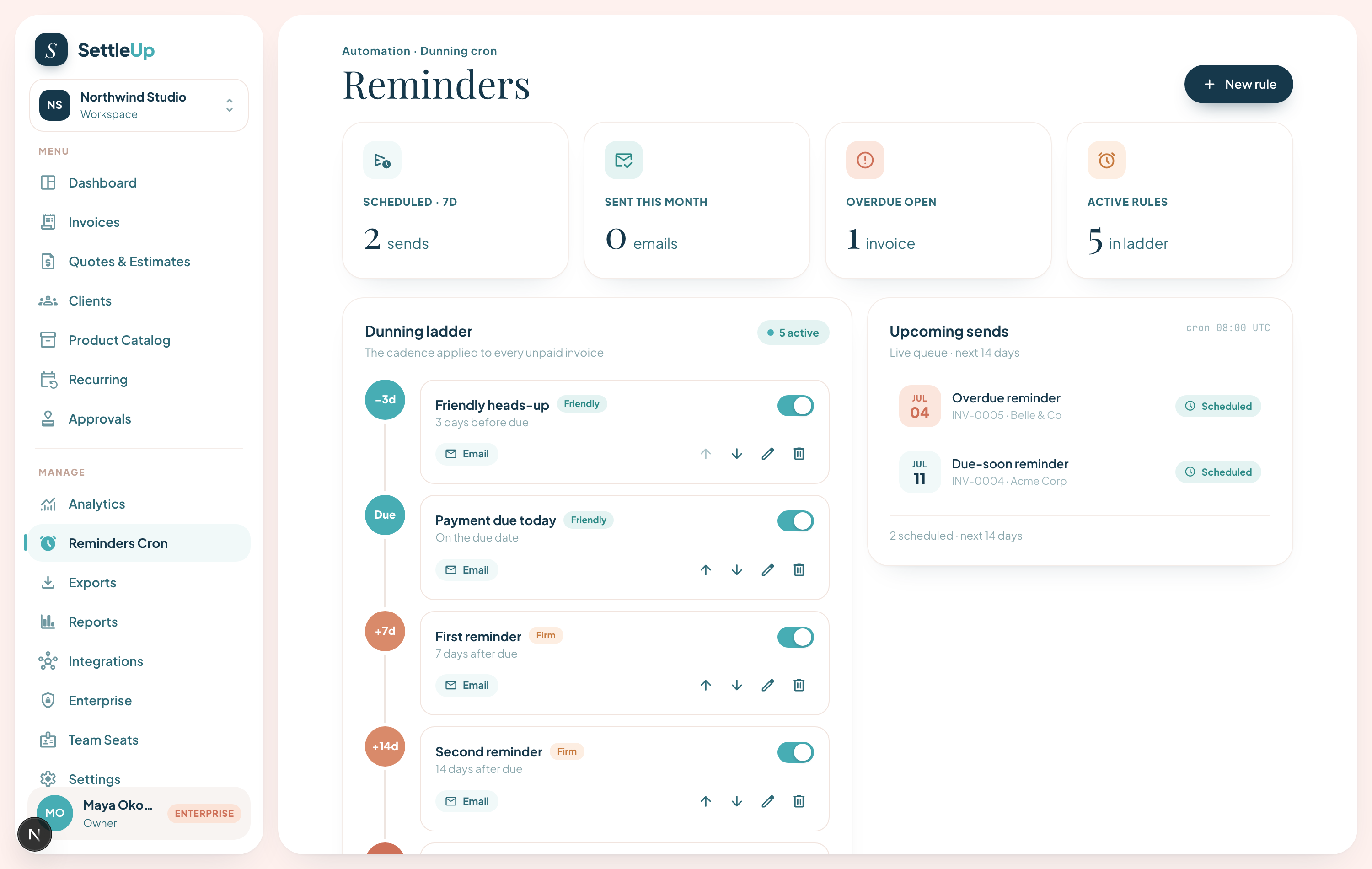 The reminders dunning ladder and upcoming-sends queue
